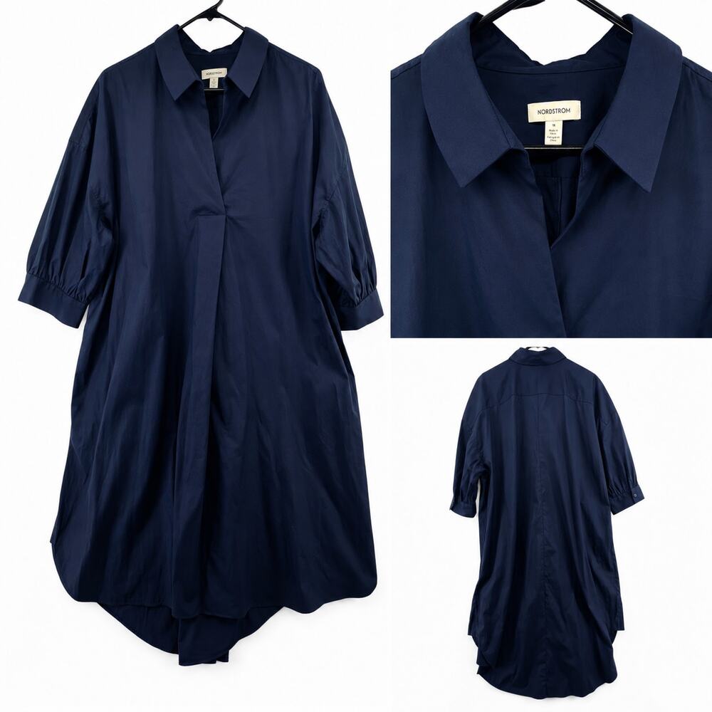 Nordstrom Size 1x Poplin Dress Oversize Midi Puff Sleeve Pockets Business Casual
